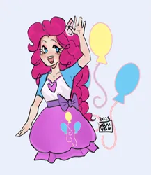 Size: 1991x2296 | Tagged: safe, artist:yam-yamyammy, derpibooru import, pinkie pie, human, :d, clothes, cutie mark, cutie mark background, cutie mark on clothes, dress, eared humanization, female, hat, humanized, image, open mouth, open smile, png, signature, smiling, solo, waving