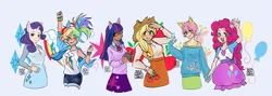 Size: 4705x1678 | Tagged: safe, artist:yam-yamyammy, derpibooru import, applejack, fluttershy, pinkie pie, rainbow dash, rarity, twilight sparkle, human, :d, book, clothes, cutie mark, cutie mark background, cutie mark on clothes, eared humanization, female, freckles, glasses, hat, humanized, image, mane six, one eye closed, open mouth, open smile, png, shorts, signature, skirt, smiling, sweater, waving, wink