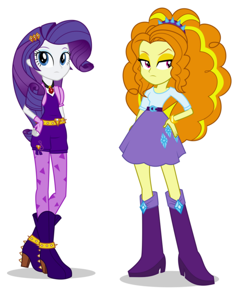 Size: 820x974 | Tagged: safe, alternate version, artist:bubblestormx, derpibooru import, adagio dazzle, rarity, equestria girls, belt, boots, bracelet, clothes, clothes swap, duo, female, fingerless gloves, gem, gloves, hairband, high heel boots, image, jewelry, legs, png, rarity's purple boots, shirt, shoes, shorts, simple background, siren gem, skirt, socks, stockings, thigh highs, transparent background