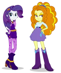 Size: 820x974 | Tagged: safe, alternate version, artist:bubblestormx, derpibooru import, adagio dazzle, rarity, equestria girls, belt, boots, bracelet, clothes, clothes swap, duo, female, fingerless gloves, gem, gloves, hairband, high heel boots, image, jewelry, legs, png, shirt, shoes, shorts, simple background, siren gem, skirt, socks, stockings, thigh highs, transparent background