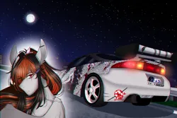 Size: 3000x2000 | Tagged: safe, artist:carbutt69, derpibooru import, oc, oc:cannon car, anthro, pegasus, snake, car, car spoiler, ear piercing, image, industrial piercing, moon, multicolored mane, night, night sky, piercing, png, sky, solo