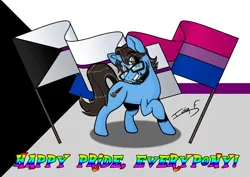 Size: 4961x3508 | Tagged: safe, artist:memprices, derpibooru import, oc, oc:ibis paint, unofficial characters only, unicorn, bisexual, bisexual pride flag, demisexual, demisexual pride flag, glasses, grin, high res, horn, image, looking at you, png, ponysona, pride, pride flag, pride month, raised hoof, smiling, smiling at you, text, unicorn oc