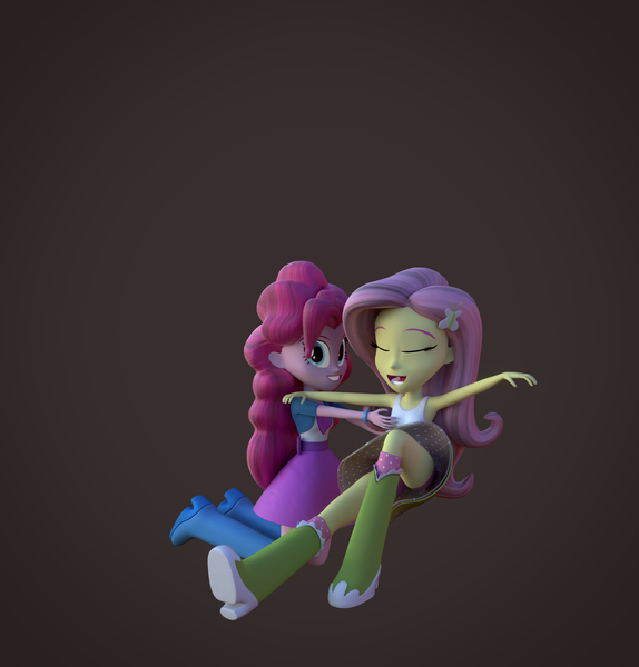 Size: 2125x2220 | Tagged: safe, artist:palmman529, derpibooru import, fluttershy, pinkie pie, equestria girls, 3d, arms in the air, blender, boots, clothes, duo, female, flutterpie, image, kneeling, lesbian, panties, png, shipping, shoes, skirt shot, tickling, underwear