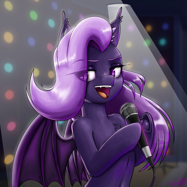Size: 2160x2160 | Tagged: safe, artist:twigpaste, derpibooru import, oc, oc:lilac night, unofficial characters only, bat pony, pony, bat pony oc, bat wings, image, karaoke, microphone, png, solo, wings