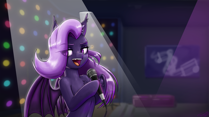 Size: 3840x2160 | Tagged: safe, artist:twigpaste, derpibooru import, oc, oc:lilac night, unofficial characters only, bat pony, pony, bat pony oc, bat wings, image, karaoke, microphone, png, solo, wings