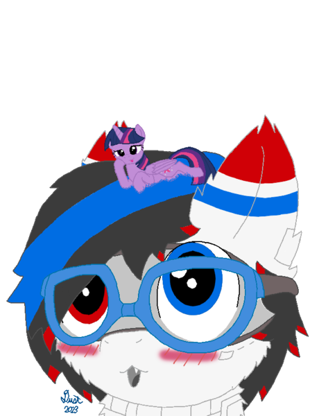 Size: 645x842 | Tagged: safe, artist:dust, artist:fliegerfausttop47, derpibooru import, twilight sparkle, twilight sparkle (alicorn), oc, oc:bashful interceptor, alicorn, cat, hybrid, original species, plane pony, pony, :3, :p, blushing, cheek fluff, digital art, female, glasses, image, male, mare, micro, plane, png, setting on head, simple background, stallion, tiny, tiny ponies, tongue out, transparent background