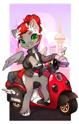 Size: 2608x4096 | Tagged: safe, artist:sofiko-ko, derpibooru import, oc, oc:void, unofficial characters only, pegasus, pony, clothes, female, grin, hoof hold, image, jacket, jpeg, leather, leather jacket, looking at you, mare, moped, nose piercing, nose ring, piercing, smiling, smiling at you, solo