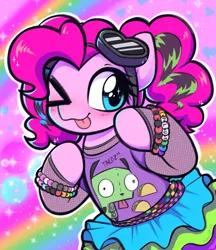 Size: 1015x1176 | Tagged: safe, artist:moozua, derpibooru import, pinkie pie, earth pony, pony, ;p, alternate hairstyle, bracelet, clothes, cute, diapinkes, female, food, gir, image, invader zim, jewelry, mare, one eye closed, png, solo, taco, tongue out