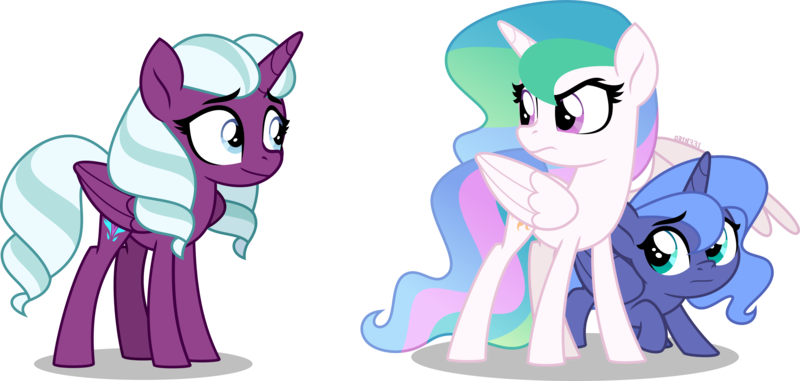 Size: 4000x1907 | Tagged: safe, artist:orin331, derpibooru import, princess celestia, princess luna, alicorn, pony, g5, female, filly, folded wings, frown, g4, g5 to g4, generation leap, hooves, horn, image, opaline arcana, png, protecting, royal sisters, siblings, simple background, sisters, teenager, transparent background, trio, wings, younger