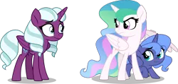 Size: 4000x1907 | Tagged: safe, artist:orin331, derpibooru import, princess celestia, princess luna, alicorn, pony, g5, female, filly, foal, folded wings, frown, g4, g5 to g4, generation leap, hooves, horn, image, opaline arcana, png, protecting, royal sisters, siblings, simple background, sisters, teenager, transparent background, trio, wings, younger