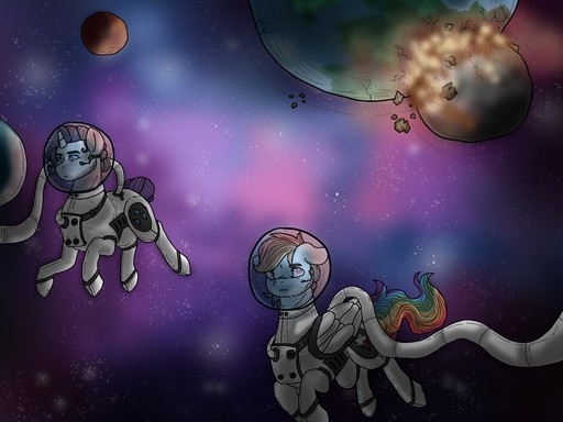 Size: 512x384 | Tagged: safe, artist:binibean, derpibooru import, rainbow dash, rarity, image, jpeg, space, spacesuit