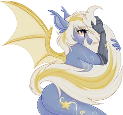 Size: 3000x2800 | Tagged: suggestive, artist:mxiiisy, derpibooru import, oc, oc:korziera, unofficial characters only, anthro, bat pony, amputee, bat wings, body markings, chest fluff, covering, cutie mark, ear fluff, eyebrows, eyebrows visible through hair, eyelashes, female, freckles, golden eyes, image, long tail, looking at you, multicolored iris, png, prehensile tail, prosthetic limb, prosthetics, robotic arm, see-through wings, side view, simple background, solo, sparkles, stars, tail, tail hold, transparent background, wings