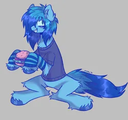 Size: 1971x1845 | Tagged: safe, artist:mxmx fw, derpibooru import, oc, oc:max crow, earth pony, pony, burger, chest fluff, clothes, ear fluff, emo, eyeliner, food, gloves, hair over one eye, image, looking at you, makeup, png, shirt, sitting, smiling, smiling at you, solo, teenager, two toned mane, unshorn fetlocks, younger