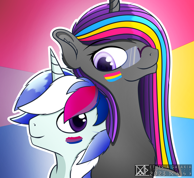 Size: 4710x4320 | Tagged: safe, artist:etheria galaxia, derpibooru import, oc, oc:etheria galaxia, oc:scratch wub, unofficial characters only, alicorn, pony, unicorn, absurd resolution, alicorn oc, bisexual pride flag, chest fluff, duo, duo male and female, ear fluff, eyebrows, eyebrows visible through hair, female, glasses, horn, image, male, mare, pansexual pride flag, png, pride, pride flag, pride month, signature, smiling, stallion, unicorn oc, watermark, wings