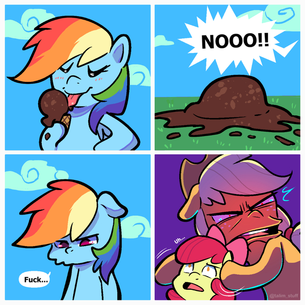 Size: 1000x1000 | Tagged: safe, artist:talimingi, derpibooru import, apple bloom, applejack, rainbow dash, earth pony, pegasus, pony, comic, covering ears, dialogue, dropped ice cream, emanata, eyes closed, faic, female, filly, floppy ears, foal, frown, fuck, ice cream cone, image, jpeg, licking, mare, tongue out, trio, vulgar