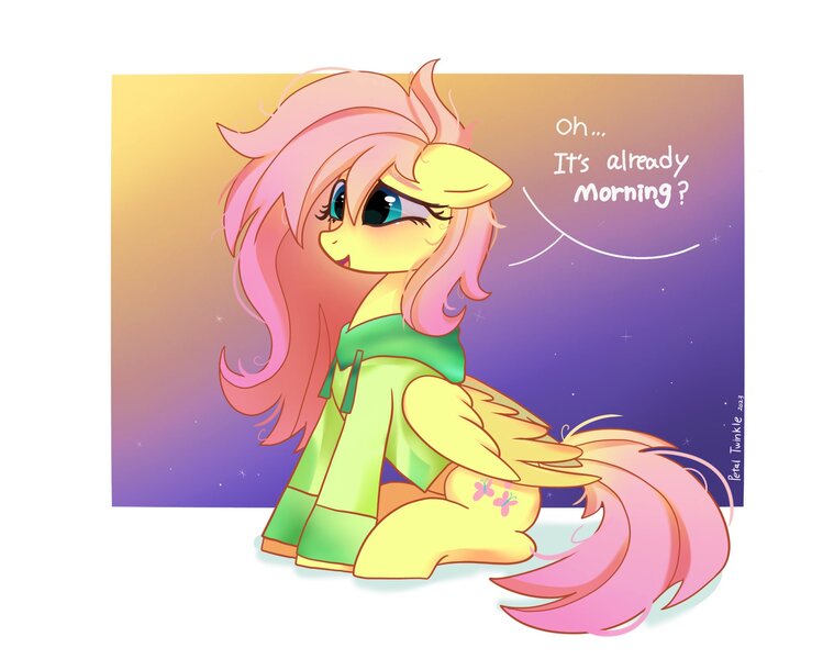 Size: 2048x1620 | Tagged: safe, artist:petaltwinkle, derpibooru import, fluttershy, pegasus, pony, blushing, clothes, cute, dialogue, female, floppy ears, hoodie, image, jpeg, mare, messy mane, passepartout, shyabetes, sitting, solo, sunrise