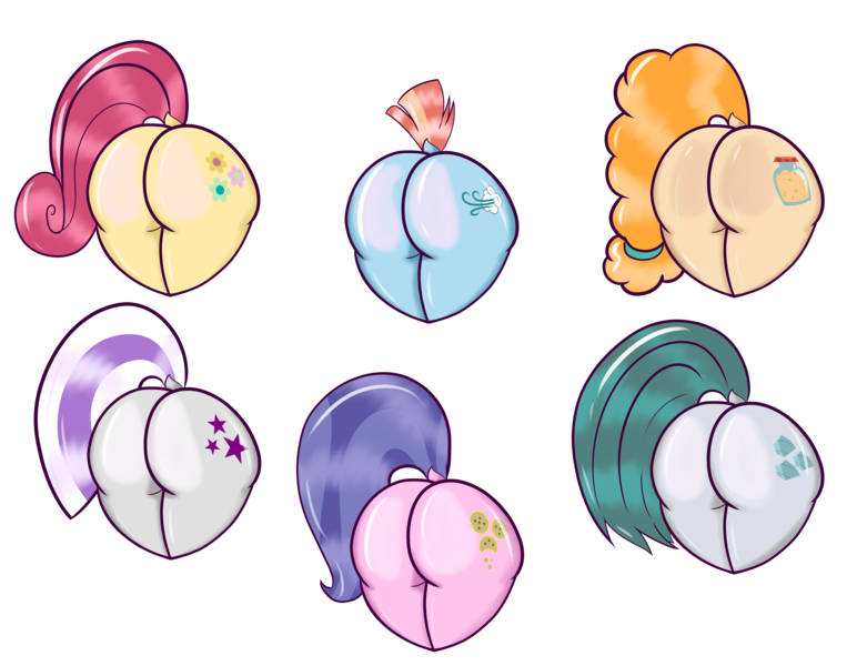 Size: 6160x4785 | Tagged: safe, artist:realgero, derpibooru import, cloudy quartz, cookie crumbles, pear butter, posey shy, twilight velvet, windy whistles, earth pony, pegasus, pony, unicorn, butt, butt only, cookie butt, female, females only, heart butt, image, mare, milf, milf six, mom six, pear butt, plot, png, posey butt, quartzbutt, simple background, transparent background, twibutt velvet, windyass