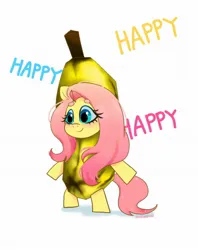 Size: 1620x2048 | Tagged: safe, artist:petaltwinkle, derpibooru import, fluttershy, pegasus, pony, banana costume, bipedal, blushing, clothes, costume, cute, female, food, food costume, happy, image, jpeg, mare, shyabetes, silly, simple background, smiling, solo, white background