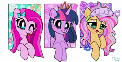 Size: 1024x526 | Tagged: safe, artist:petaltwinkle, derpibooru import, fluttershy, pinkie pie, twilight sparkle, earth pony, pegasus, pony, ;p, alternate hairstyle, blushing, bow, cute, diapinkes, female, hair bow, image, jpeg, mare, new crown, one eye closed, pinkamena diane pie, shyabetes, signature, simple background, sleep mask, sleepy, smiling, tongue out, trio, twiabetes, white background, wink, yawn