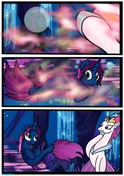 Size: 751x1063 | Tagged: safe, artist:asinglepetal, queen novo, oc, oc:thunder glade, hippogriff, pony, seapony (g4), unicorn, my little pony: the movie, air bubble, armor, bubble, comic, commission comic, commission comic:palomino-rick, commissioner:palomino-rick, deviantart, duo, furaffinity, horn, image, jpeg, pearl, pearl of transformation, seaponified, seaquestria, species swap, transformation, underwater, unicorn oc, water