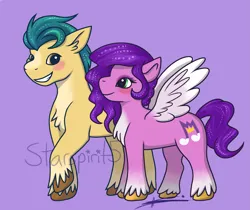 Size: 2699x2265 | Tagged: safe, artist:starspirit5, derpibooru import, hitch trailblazer, pipp petals, earth pony, pegasus, pony, g5, blushing, chest fluff, female, grin, high res, hitchpipp, image, looking at each other, looking at someone, male, mare, png, purple background, shipping, simple background, smiling, smiling at each other, spread wings, stallion, straight, watermark, wings