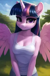 Size: 2048x3072 | Tagged: safe, derpibooru import, machine learning generated, novelai, stable diffusion, twilight sparkle, twilight sparkle (alicorn), alicorn, anthro, ai content, breasts, cleavage, clothes, cute, ear fluff, female, grass, high res, horn, image, jpeg, looking at you, outdoors, prompter:endless--, smiling, smiling at you, solo, spread wings, tanktop, tree, wings
