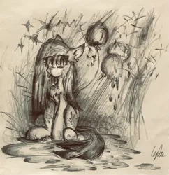 Size: 1985x2049 | Tagged: safe, artist:lydia, derpibooru import, pinkie pie, earth pony, pony, balloon, confusion, crazy face, dark, faic, female, image, jpeg, liquid, looking at you, paper, pencil drawing, pinkamena diane pie, sad, sitting, sketch, solo, traditional art