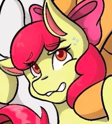 Size: 331x366 | Tagged: safe, artist:mscolorsplash, derpibooru import, apple bloom, earth pony, pony, female, filly, foal, image, jpeg, nervous, offscreen character, solo focus, sweat, wavy mouth