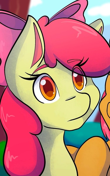 Size: 1028x1639 | Tagged: safe, artist:mscolorsplash, derpibooru import, apple bloom, earth pony, pony, bust, eye clipping through hair, female, filly, foal, image, jpeg, offscreen character, solo, solo focus