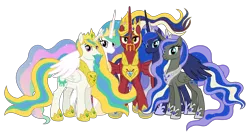 Size: 8548x4574 | Tagged: source needed, safe, alternate version, anonymous artist, derpibooru import, princess celestia, princess luna, oc, oc:crown prince zenith sunshine, oc:crown princess perigee moonshine, oc:king equus, alicorn, pony, absurd resolution, alicorn oc, aunt, aunt and nephew, aunt and niece, beard, brother, brother and sister, cousins, crown, crown prince, crown princess, cutie mark, description is relevant, ethereal mane, ethereal tail, eyebrows, eyelashes, eyeshadow, facial hair, family, father, father and child, father and daughter, father and mother, father and son, female, g4, goatee, half-brother, half-cousins, half-siblings, half-sister, happy, hoof shoes, horn, image, jewelry, looking, looking at you, looking back, looking back at you, makeup, male, mare, mare of the moon, mother, mother and child, mother and daughter, mother and father, mother and son, moustache, nostrils, offspring, parent and child, parent:king equus, parent:princess celestia, parent:princess luna, parents:canon x oc, parents:celequus, parents:equuna, png, pony oc, prince, princess, product of incest, regalia, royal sisters, royalty, show accurate, siblings, simple background, sister, sisters, smiling, stallion, stallion of the sun, story included, tail, transparent background, vector, wall of tags, wings