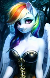 Size: 832x1280 | Tagged: suggestive, derpibooru import, machine learning generated, novelai, stable diffusion, rainbow dash, anthro, pegasus, ai content, blushing, breasts, bust, bustier, busty rainbow dash, cleavage, female, forest, image, jpeg, night, portrait, prompter:snipetisnips, smiling, solo, solo female, tree