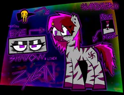 Size: 1936x1476 | Tagged: safe, artist:xxv4mp_g4z3rxx, derpibooru import, oc, oc:zyban, zebra, bags under eyes, choker, eyeliner, eyeshadow, fangs, female, hairclip, image, makeup, piercing, pink eyes, png, reference sheet, smiley face, solo, studs, torn ear, trans female, transgender, zebra oc