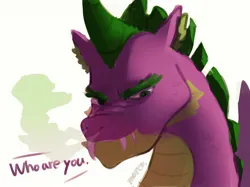 Size: 2048x1535 | Tagged: safe, artist:maren, spike, dragon, adult, adult spike, bust, dialogue, image, jpeg, male, older, older spike, simple background, smoke, solo, teeth, white background