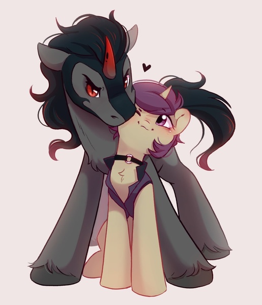 Size: 1098x1280 | Tagged: safe, artist:melodylibris, derpibooru import, king sombra, oc, oc:lavrushka, pony, unicorn, angry, blushing, canon x oc, choker, clothes, cute, female, heart, image, jpeg, looking at you, male, mare, simple background, stallion, vest