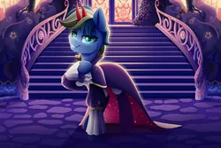 Size: 3000x2000 | Tagged: safe, artist:rainbowfire, derpibooru import, oc, unofficial characters only, pony, unicorn, background, castle, clothes, complex background, cute, dress, female, grin, horn, image, jacket, looking at you, mare, png, raised hoof, smiling, solo