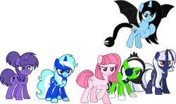 Size: 1428x845 | Tagged: safe, artist:scarletwitchinfire, artist:tanahgrogot, derpibooru import, oc, oc:ankie, oc:annisa trihapsari, oc:cool breeze, oc:ko ada, oc:teahie, oc:violetta cuddles belle, unofficial characters only, dracony, dragon, earth pony, hybrid, pegasus, pony, unicorn, series:the guardian of leadership, angry, base used, cute, dracony oc, earth pony oc, female, gritted teeth, group, horn, image, mare, png, ponytail, simple background, teeth, transparent background, unamused, wings