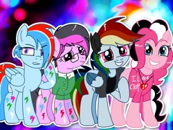 Size: 1024x768 | Tagged: safe, artist:mlpcartel, derpibooru import, oc, oc:dragonfly, oc:raindroxx, oc:sperm pie, elements of insanity, group, image, parent:fluttershy, parent:pinkie pie, parent:spongebob, png, rainbine