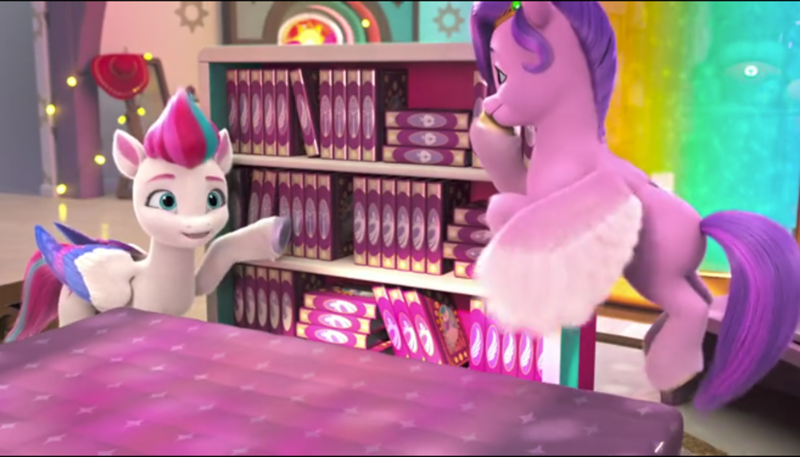 Size: 1300x742 | Tagged: safe, derpibooru import, screencap, pipp petals, zipp storm, pegasus, pony, g5, my little pony: make your mark, spoiler:my little pony: make your mark, spoiler:myms04e06, a little horse, book, bookshelf, bookworm, flying, grin, headband, hoof heart, image, jewelry, my little pony: make your mark chapter 4, open mouth, open smile, png, regalia, smiling, spread wings, underhoof, upside-down hoof heart, wings