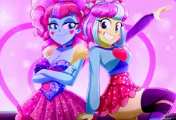 Size: 3168x2163 | Tagged: safe, artist:the-butch-x, derpibooru import, kiwi lollipop, supernova zap, equestria girls, ass, boots, breasts, butt, choker, clothes, dress, duo, face paint, female, grin, image, k-lo, png, postcrush, shirt, shoes, skirt, smiling, socks, stockings, su-z, thigh highs