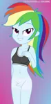 Size: 4523x9154 | Tagged: explicit, artist:alandssparkle, edit, rainbow dash, equestria girls, belly button, black underwear, blushing, bottomless, breasts, clothes, delicious flat chest, female, futa, futa edit, gradient background, hand behind back, hand on chest, image, intersex, looking at you, nudity, partial nudity, penis, png, rainbow dick, rainbow flat, sexy, signature, simple background, small breasts, smiling, smiling at you, solo, sports bra, tan lines, underwear