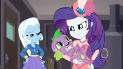Size: 1920x1080 | Tagged: safe, derpibooru import, screencap, rarity, spike, spike the regular dog, trixie, dog, human, equestria girls, equestria girls series, rarity investigates: the case of the bedazzled boot, 1080p, clothes, cute, dress, female, grin, hat, image, male, oops, pillbox hat, png, rarity investigates (eqg): trixie, smiling, spikabetes, trio, trixie is not amused, unamused