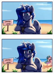 Size: 1600x2200 | Tagged: safe, artist:shadowreindeer, derpibooru import, princess celestia, princess luna, alicorn, 2 panel comic, backlighting, beach, clothes, colored, comic, duo, eyebrows, eyebrows visible through hair, hoof hold, image, jpeg, laughing, long mane, mischievous, panties, shading, sign, sitting, underwear