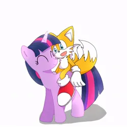 Size: 768x768 | Tagged: safe, artist:artisticdemonn, derpibooru import, twilight sparkle, fox, pony, unicorn, crossover, digital art, duo, eyes closed, happy, image, jpeg, miles "tails" prower, open mouth, riding, riding a pony, simple background, smiling, sonic the hedgehog (series), unicorn twilight, white background