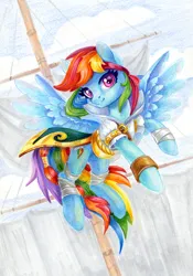 Size: 842x1200 | Tagged: safe, artist:maytee, derpibooru import, rainbow dash, pegasus, pony, clothes, colored pencil drawing, flying, image, marker drawing, mast, mixed media, pirate, png, ship, solo, spread wings, traditional art, wings