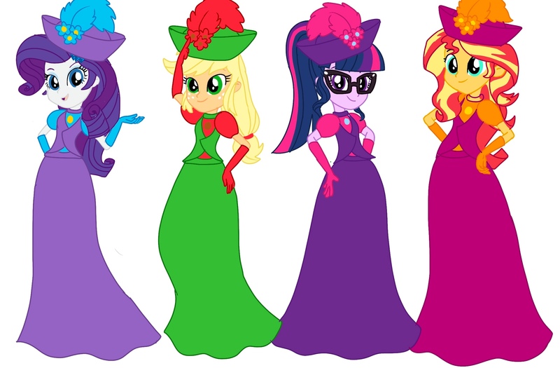 Size: 2266x1488 | Tagged: safe, artist:artsymlp12, derpibooru import, applejack, rarity, sci-twi, sunset shimmer, twilight sparkle, human, equestria girls, british, clothes, dress, humanized, image, jpeg, long dress, long skirt, skirt