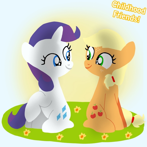 Size: 1400x1400 | Tagged: safe, artist:mlplary6, derpibooru import, applejack, rarity, earth pony, pony, unicorn, childhood friends, female, filly, filly applejack, filly rarity, foal, friends, image, jpeg, looking at each other, looking at someone, sitting, smiling, smiling at each other, text, younger