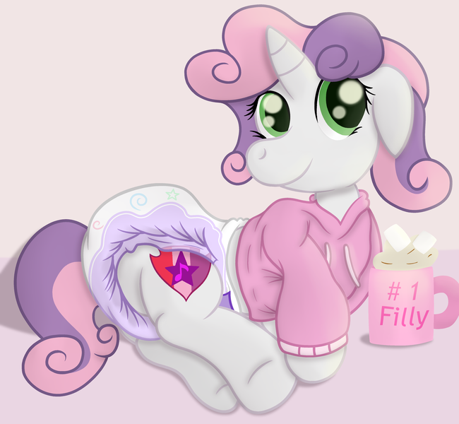 Size: 3600x3323 | Tagged: questionable, artist:sweetielover, derpibooru import, sweetie belle, pony, unicorn, chocolate, clothes, cute, diaper, diaper fetish, diasweetes, female, fetish, food, high res, hoodie, hot chocolate, image, marshmallow, mug, png, poofy diaper, simple background, solo