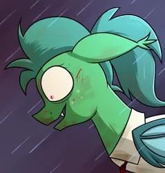 Size: 928x971 | Tagged: semi-grimdark, artist:moonatik, derpibooru import, oc, unofficial characters only, bat pony, pony, bat pony oc, bat wings, blood, clothes, colt, dirt, fangs, foal, image, male, necktie, png, ponytail, rain, shirt, solo, teenager, wings