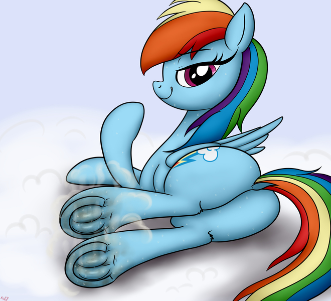 Size: 4400x4000 | Tagged: suggestive, alternate version, artist:littlenaughtypony, derpibooru import, rainbow dash, pegasus, pony, dirty hooves, female, fetish, frog (hoof), hoof fetish, image, jpeg, looking at you, looking back, looking back at you, lying down, mare, side, smelly hooves, smiling, solo, sweat, sweaty hooves, underhoof