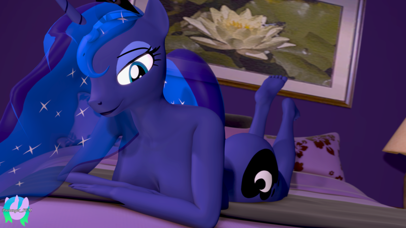 Size: 3840x2160 | Tagged: suggestive, artist:pootanger_sfm, derpibooru import, princess luna, alicorn, anthro, 3d, ass, bed, bedroom, bedroom eyes, big breasts, breasts, busty princess luna, butt, feet, female, image, large butt, legs, looking at you, nudity, png, solo, source filmmaker, wingless, wingless alicorn